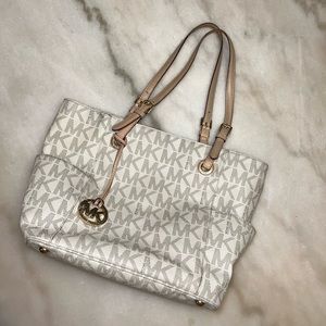 Michael Kors large logo Jet set tote beige white and gold